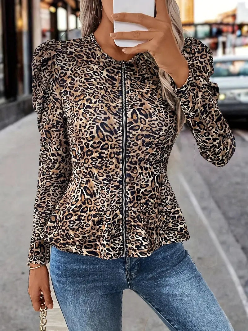 Ivy – Elegant Leopard Print Puff Sleeve Jacket