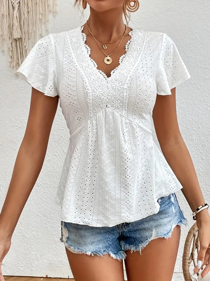 Adara – V-neck Blouse with Lace Trim