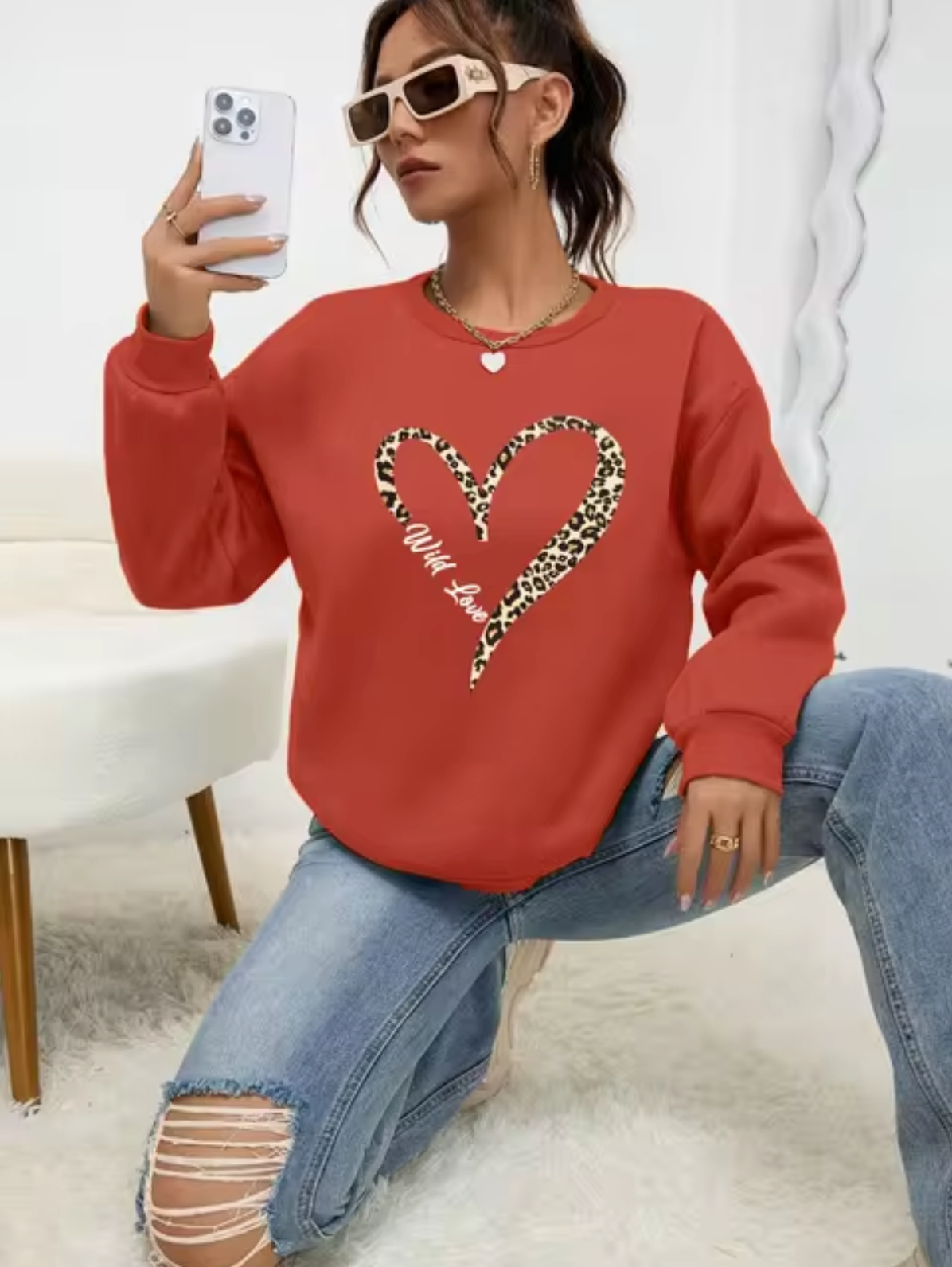 Dindy – Leopard Heart Print Cotton Sweater