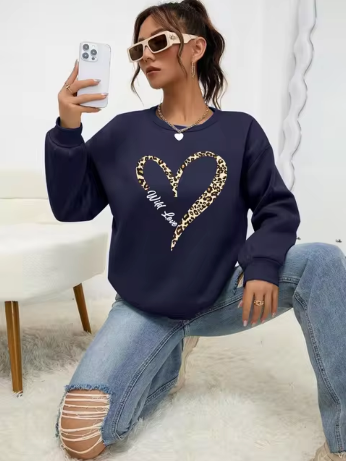 Dindy – Leopard Heart Print Cotton Sweater