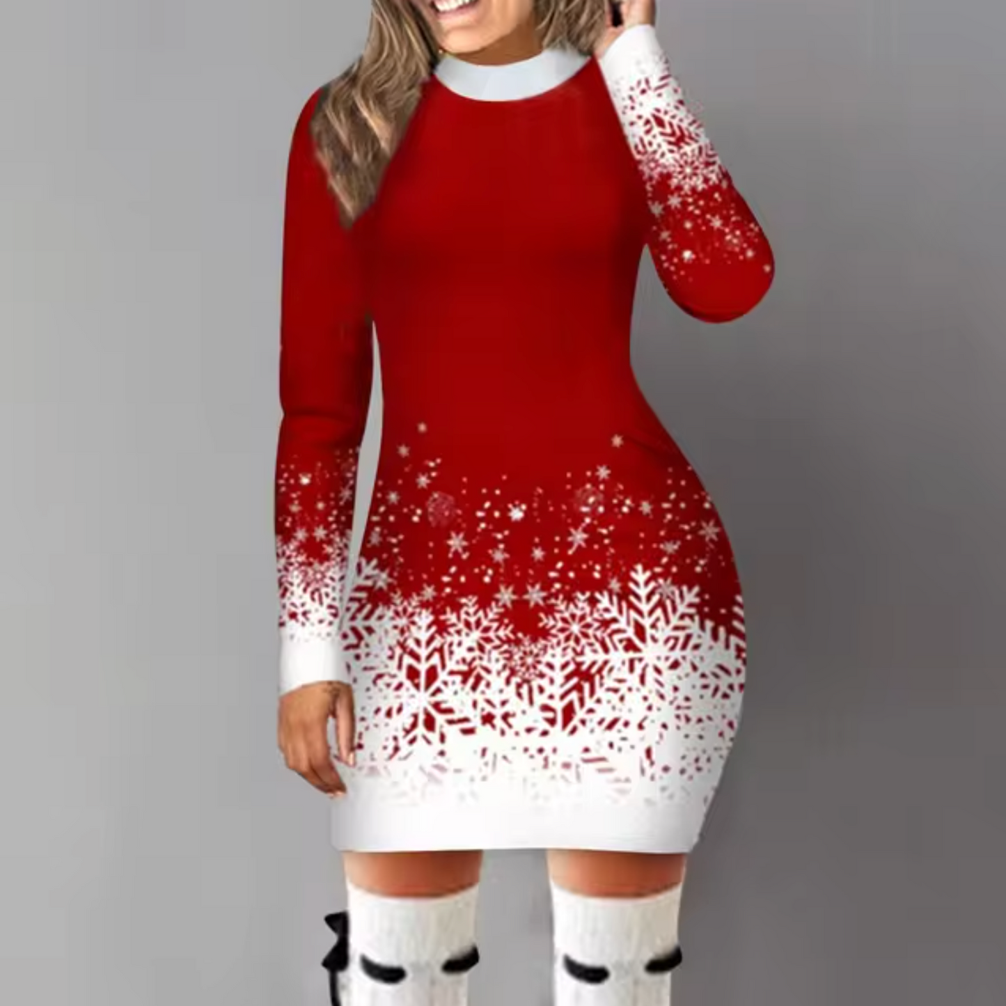 Aija – Comfy Snowflake-Print Sweater Dress