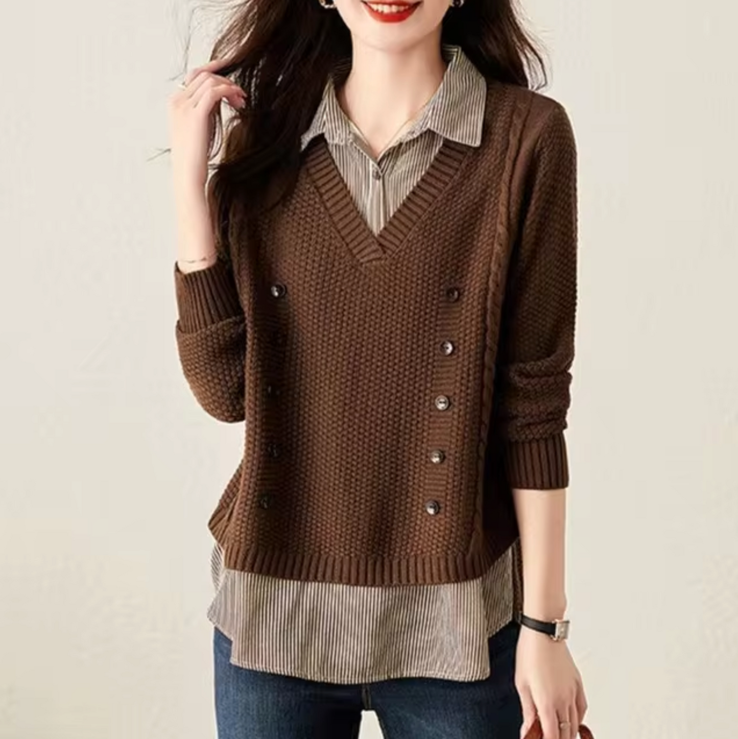 Minnie - Knitted V-neck Sweater with Collar