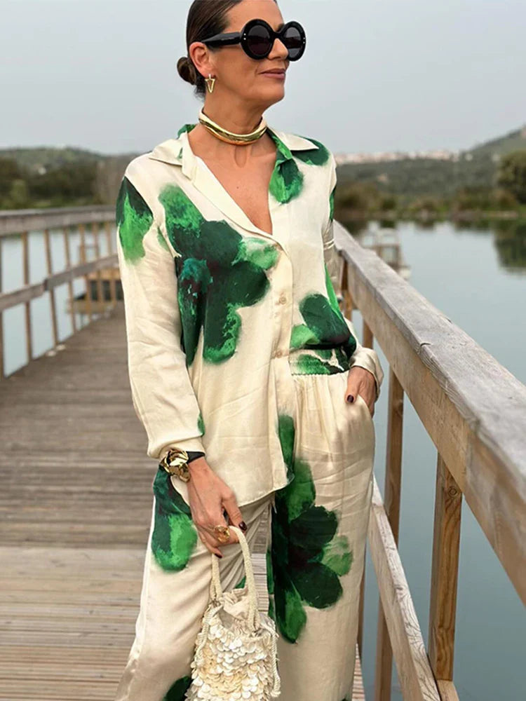 Leila - High Waist Floral Print Long Sleeve and Satin Pants