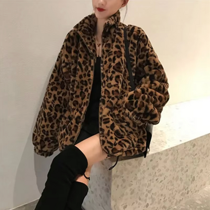 Breigh – Leopard Print Zip Up Fur Jacket