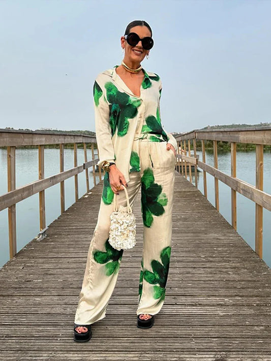 Leila - High Waist Floral Print Long Sleeve and Satin Pants