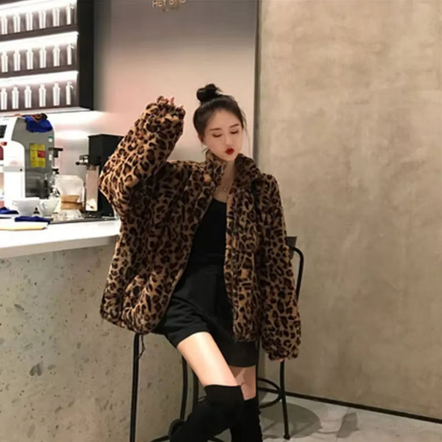 Breigh – Leopard Print Zip Up Fur Jacket