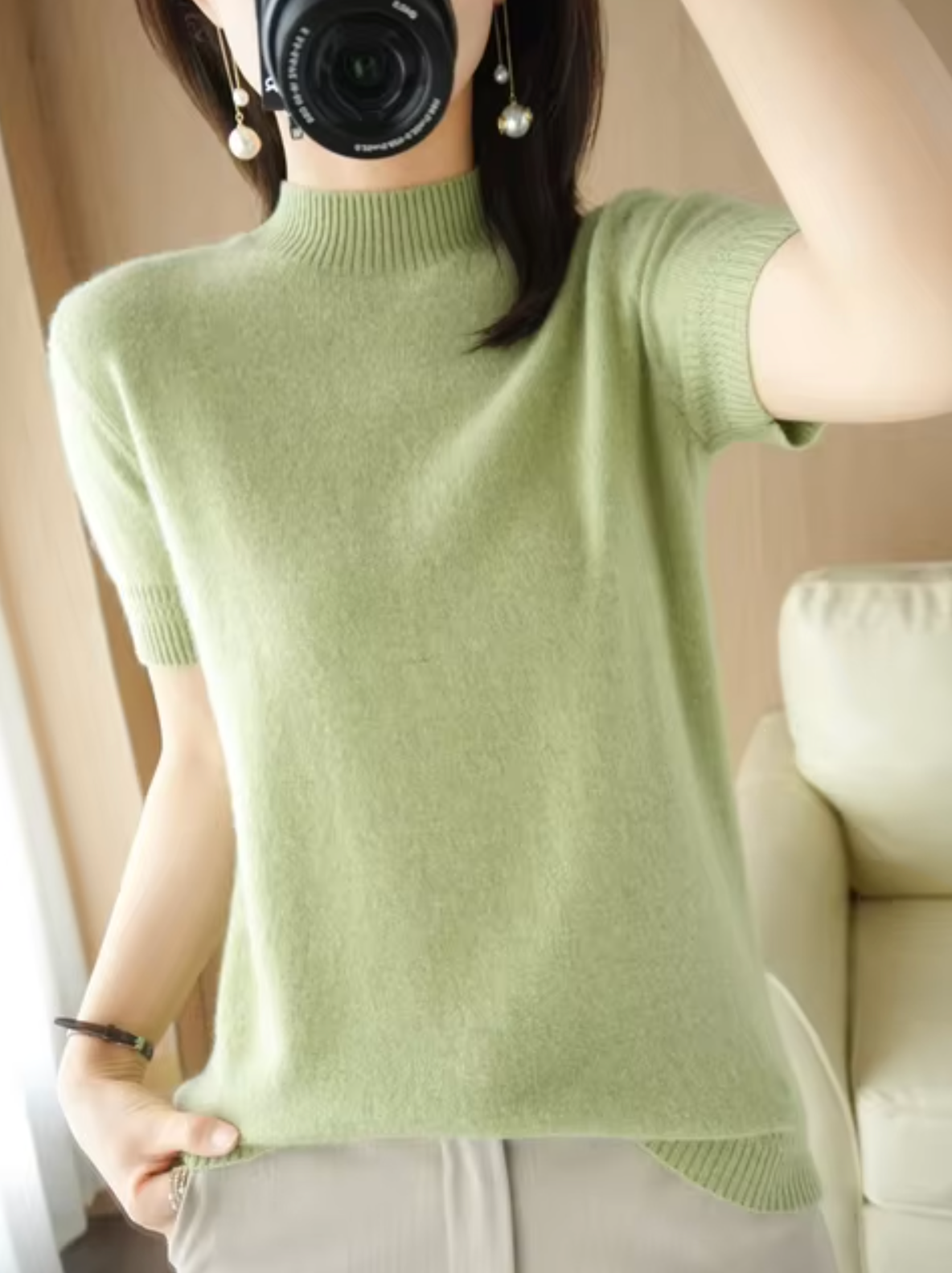 Nancy – Knitted Turtleneck Short Sleeved Sweater