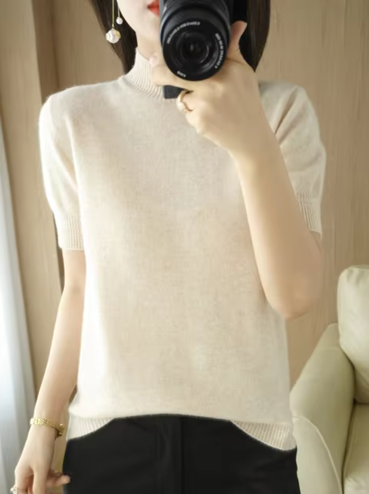 Nancy – Knitted Turtleneck Short Sleeved Sweater