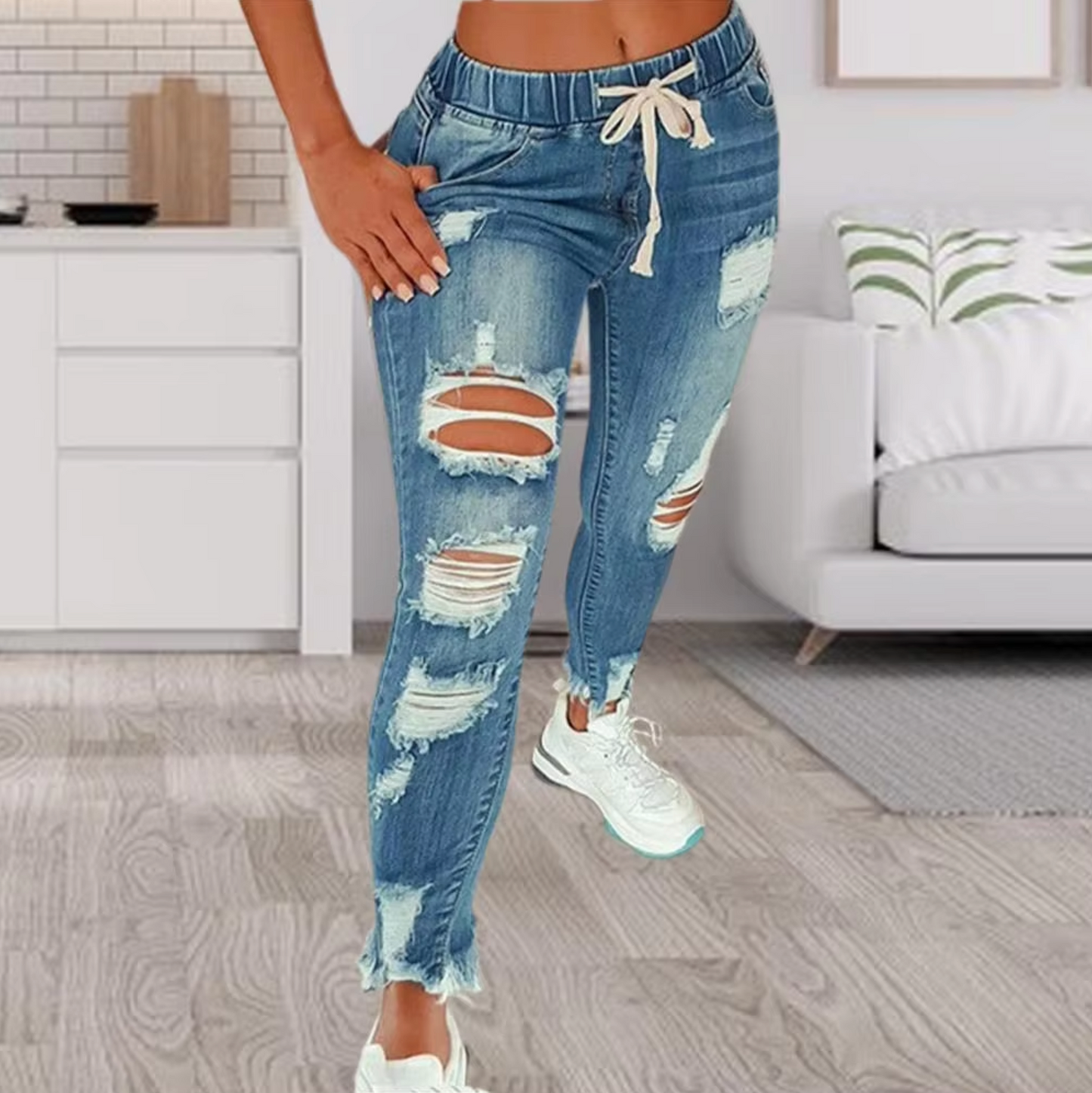 Azura - Ripped Cotton Denim Jeans