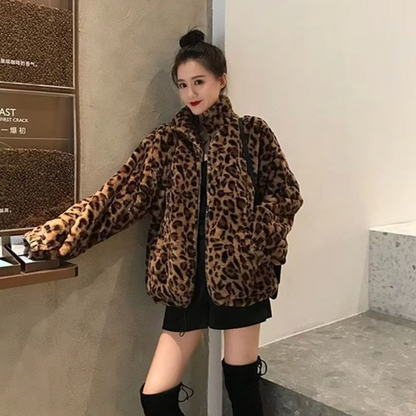 Breigh – Leopard Print Zip Up Fur Jacket