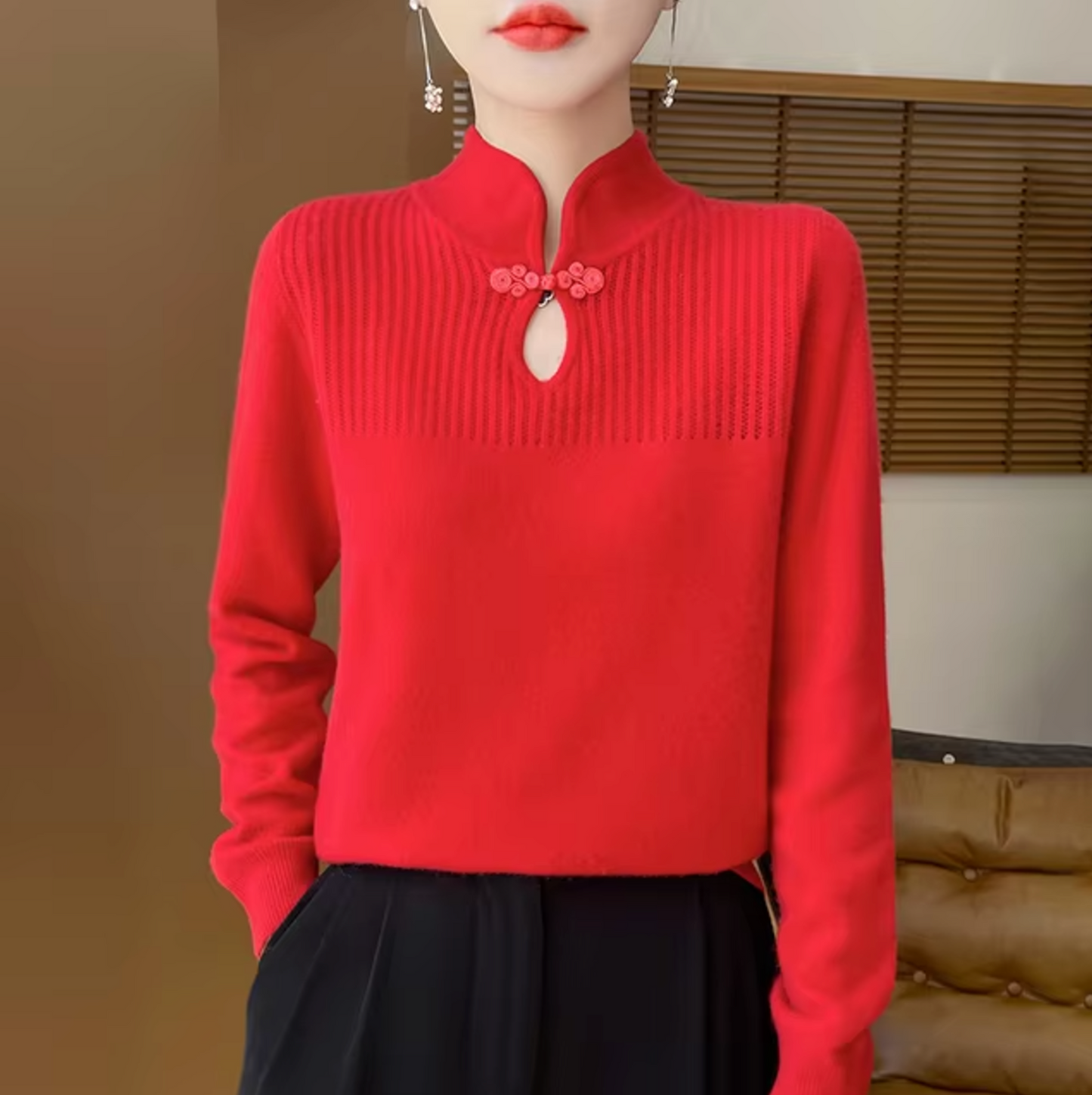 Audrina – Knitted Wool Sweater with Stand-up Collar