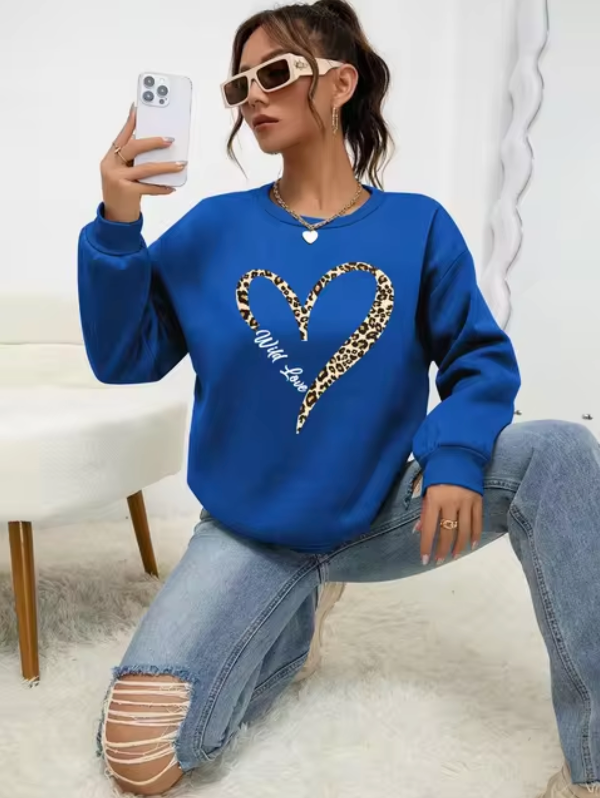 Dindy – Leopard Heart Print Cotton Sweater