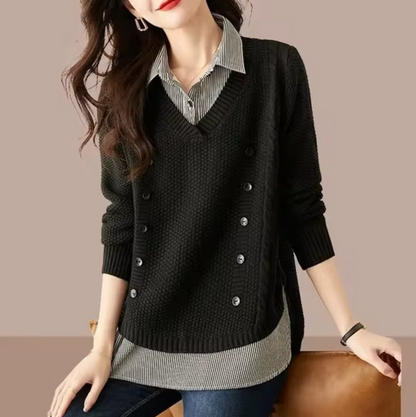 Minnie - Knitted V-neck Sweater with Collar