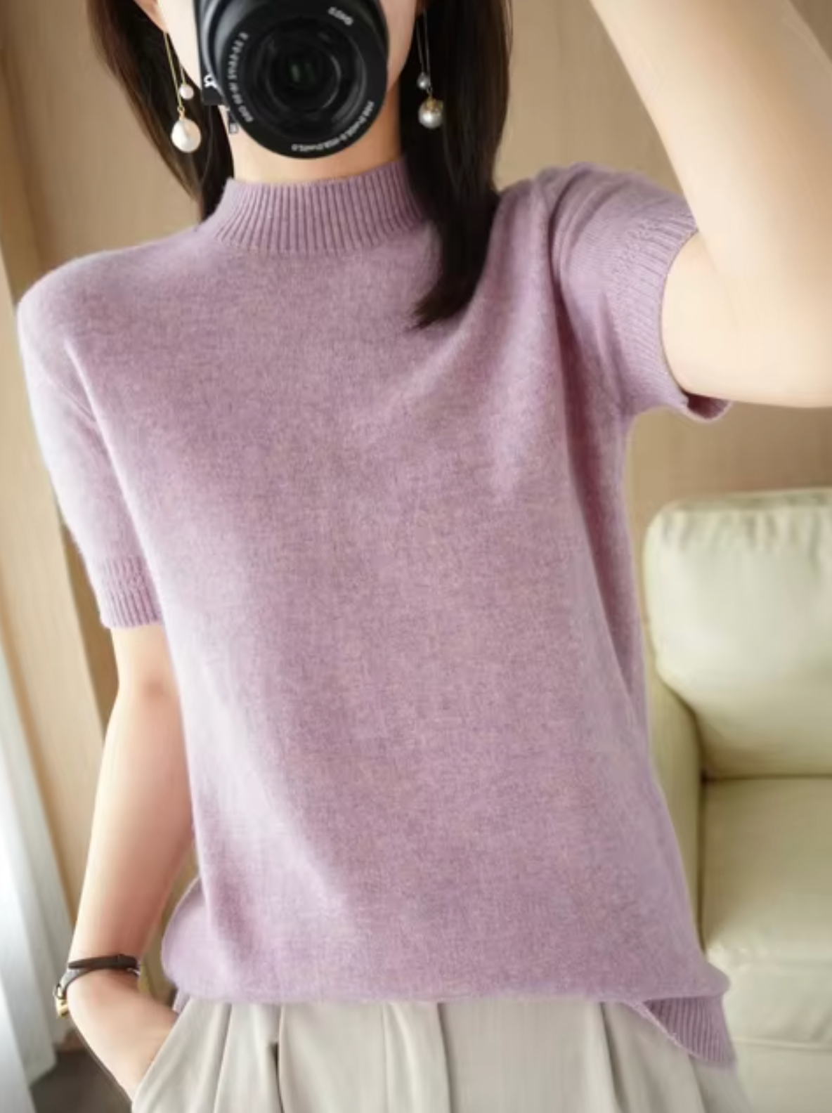 Nancy – Knitted Turtleneck Short Sleeved Sweater