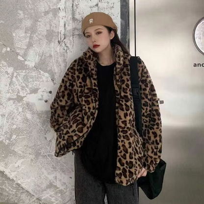 Breigh – Leopard Print Zip Up Fur Jacket