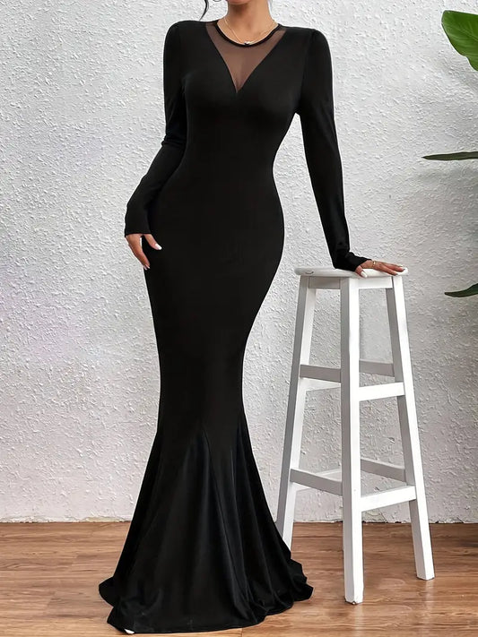 Aniza - V-neck Long Sleeve Mesh Maxi Dress