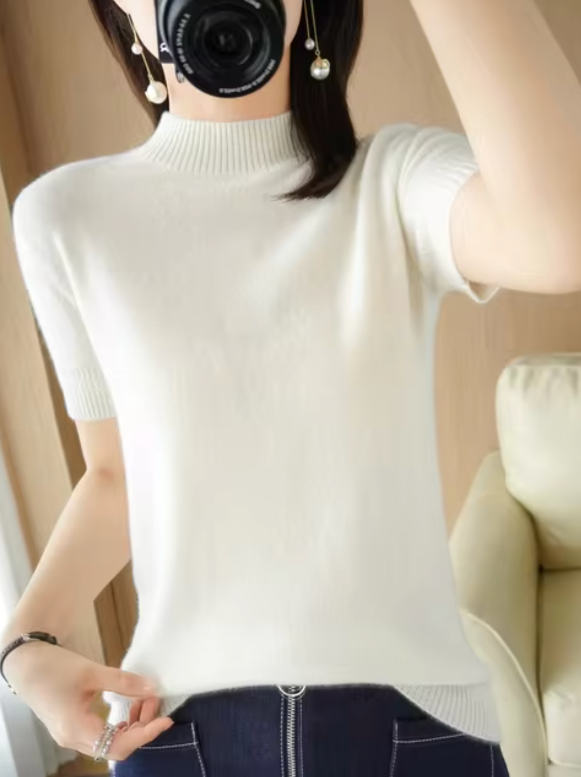 Nancy – Knitted Turtleneck Short Sleeved Sweater