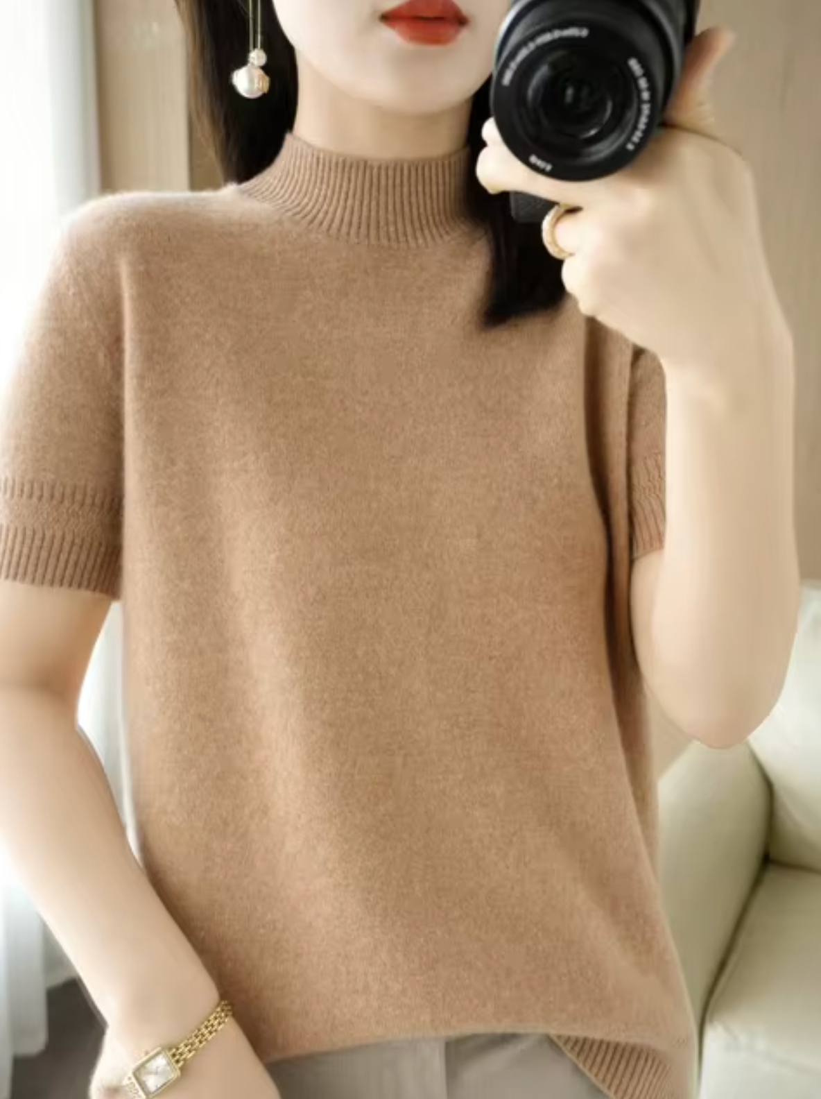 Nancy – Knitted Turtleneck Short Sleeved Sweater