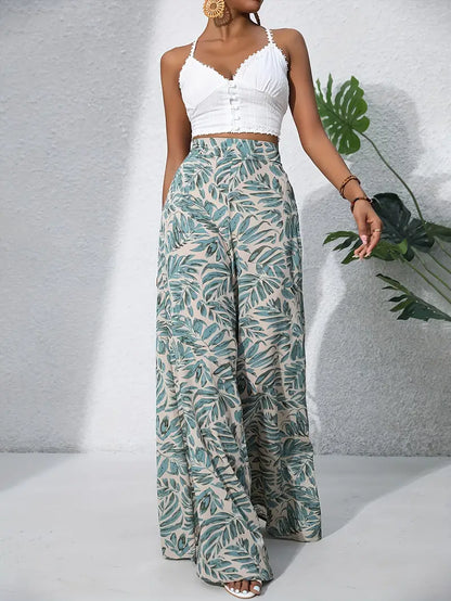 Fritzi – Leaf Print Wide Leg Trousers