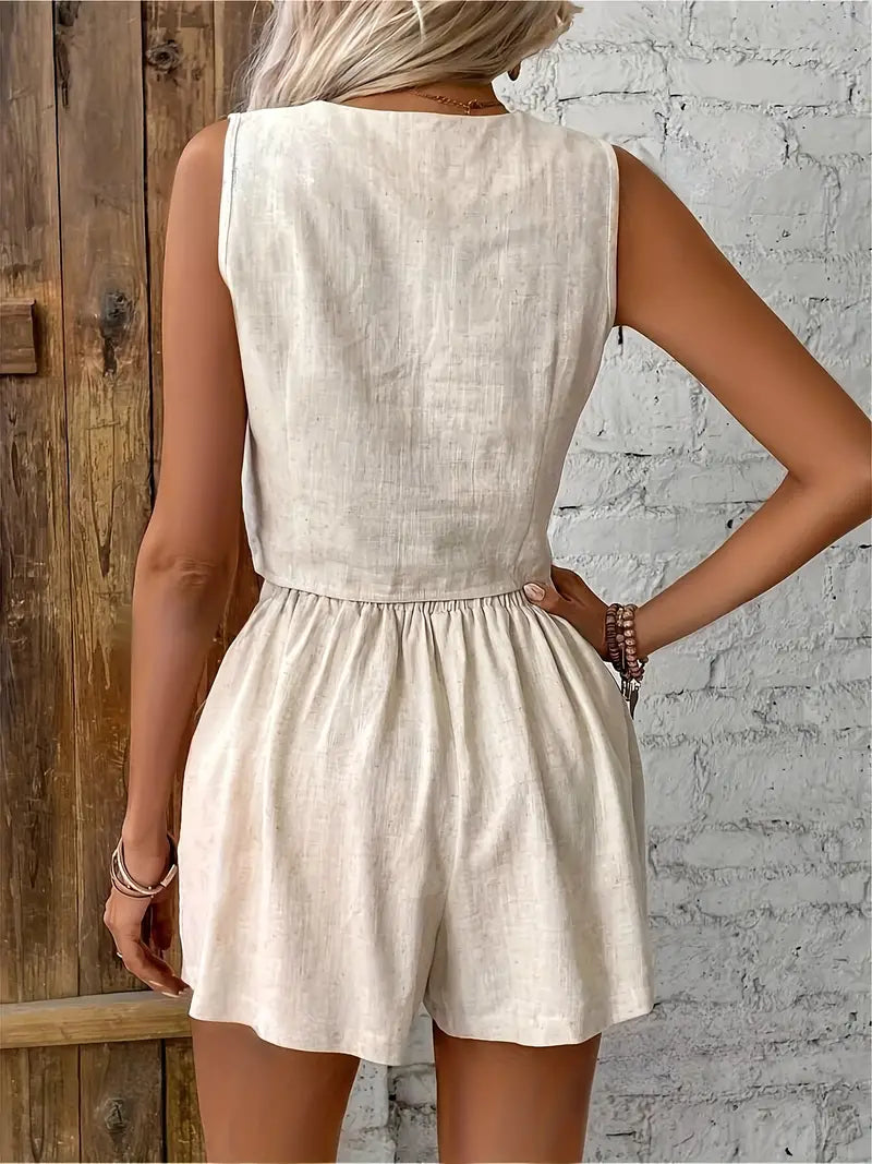 Kalila - Linen Shorts and V-neck Vest Set