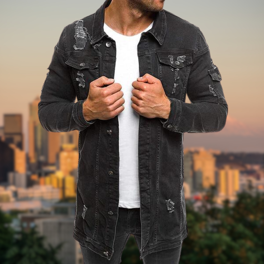 DAVEY - Ripped Medium Length Denim Jacket