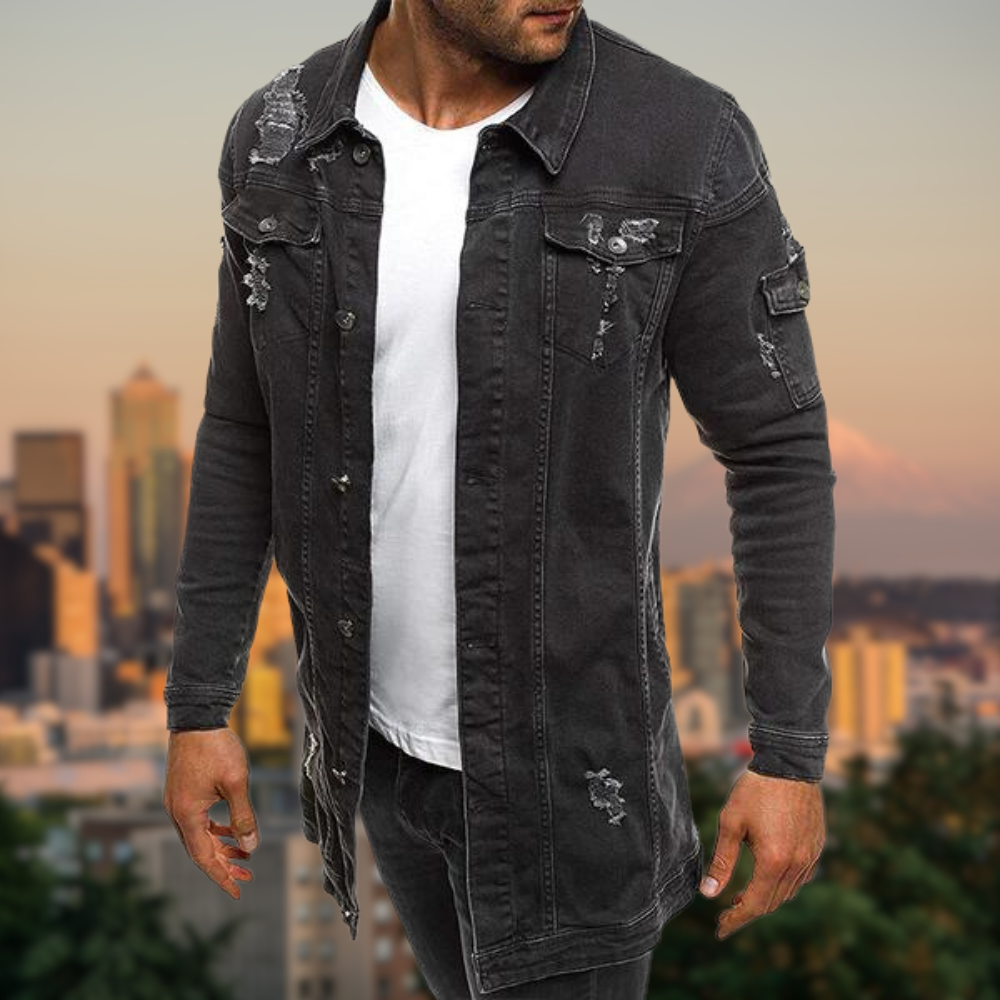 DAVEY - Ripped Medium Length Denim Jacket