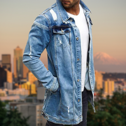 DAVEY - Ripped Medium Length Denim Jacket