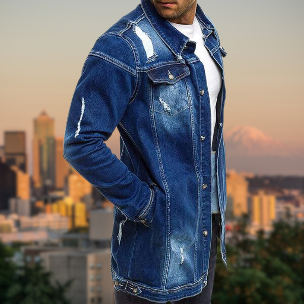 DAVEY - Ripped Medium Length Denim Jacket