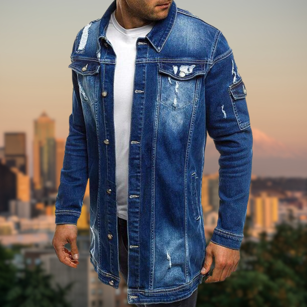 DAVEY - Ripped Medium Length Denim Jacket