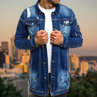 DAVEY - Ripped Medium Length Denim Jacket