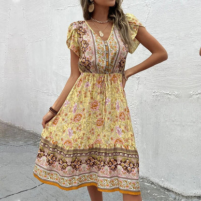 STELLA - Boho Midi Dress with Floral Print